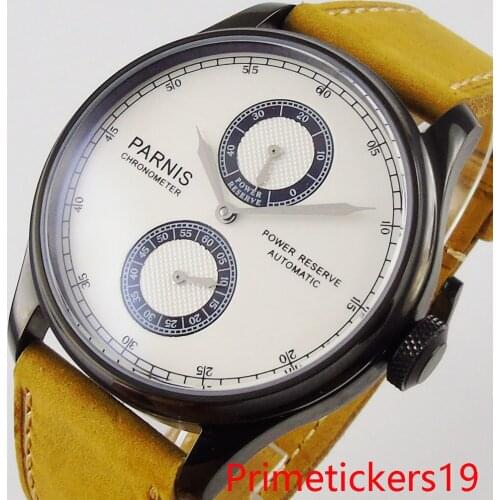PARNIS 43mm automatic men wristwatch white dial power reserve function leather strap stainless steel case