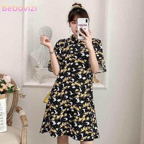 4XL Plus Size Summer Fashion Crane Casual Party Modern Cheongsam Dress for Women Short Sleeve Qipao Traditional Chinese Clothes