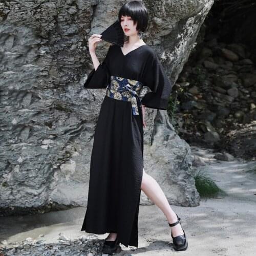 Black Japanese Kimono Dress Fashion Obi Dress For Women Belt Traditional Ethnic Black V Neck Yukata Haori Asian Streetwear 11365