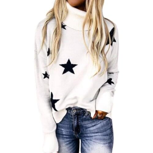 Star Print Pullover Long Sleeve Top 2020 New Casual Loose Sweater Knitted Sweater Womens High Collar Long Sleeve Pullover Women