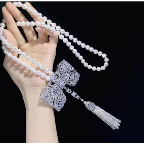 Luxury natural pearl dazzling zircon bow pendant necklace for womens birthday gift engagement party jewelry