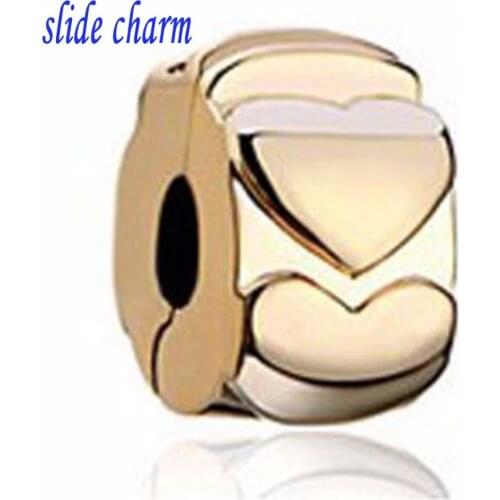 Slide charm Free shipping Golden Valentines Day, love positioning buckle amulet charm beads fit Pandora bracelet