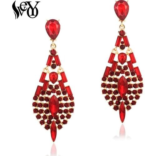 VEYO 4 Color Fashion Red Rhinestone Crystal Dangle Earrings Luxury Hollow out Drop Earrings for Women Jewelry New