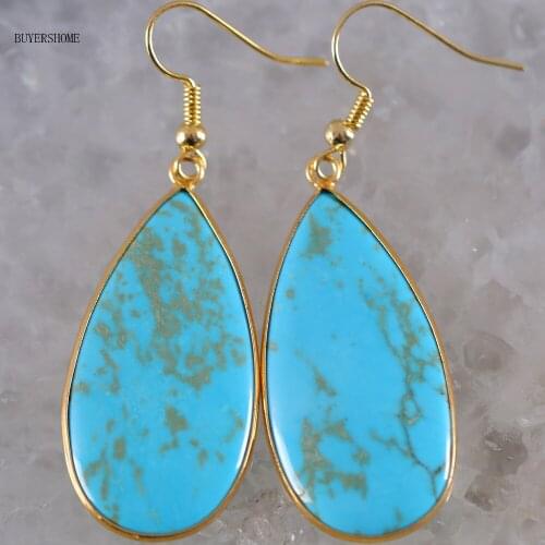 Jewelry Gift for Women 40x21MM Natural Stone Blue Howlite Water Drop Beads Dangle Earring 1Pair U022