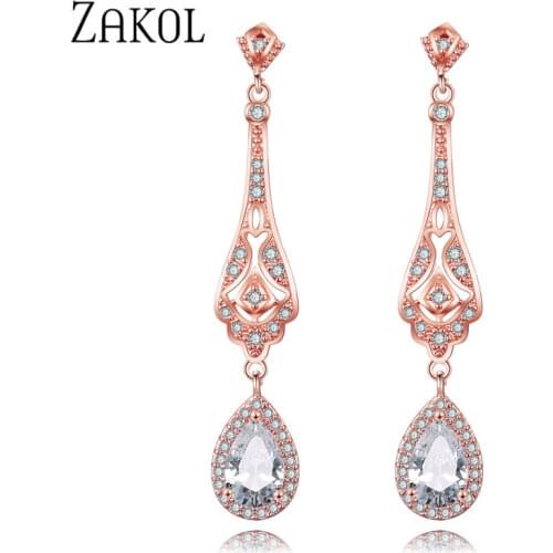 ZAKOL Fashion Top Quality Zirconia Crystal Long Drop Earrings Vintage Teardrop Bridal Party Wedding Jewelry for Women FSEP2171