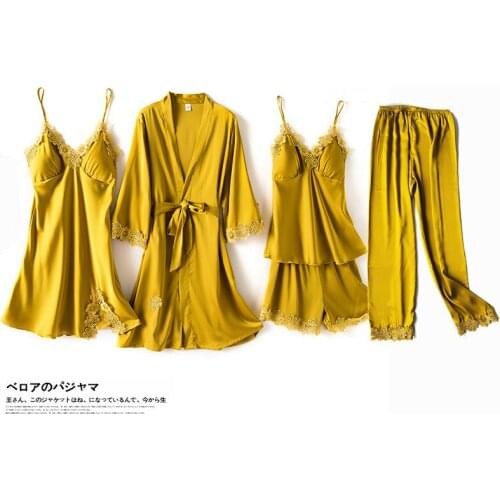 Women Home Clothes Pyjamas Sexy Yellow Satin Lace Pajamas Set 5 Pieces Pijama Mujer Fashion Sleepwear with Chest Pads