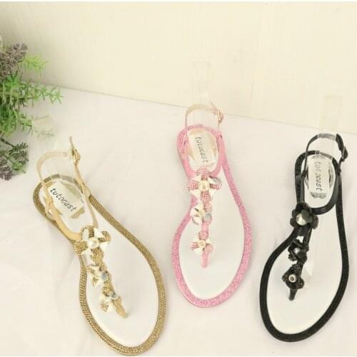 Koovan Womens Sandals 2020 New Summer Roman Flat Crystal Flower Buckle Thin Drawstring Leather Flip-Flop Sandals Female