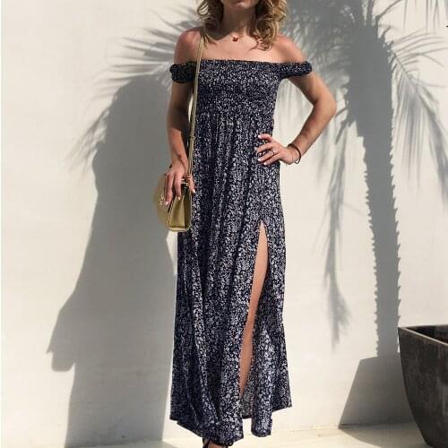 Women Sexy Strapless Dress Beach Wear Summer Sundresses Lady Florals Split Long Bohe Dresses Breathable Rayon Fabric