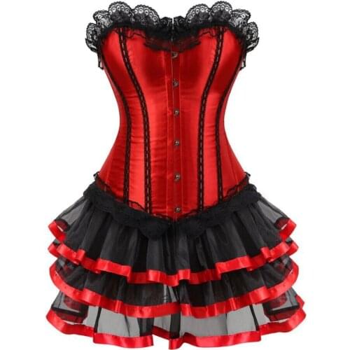 Plus Size 6XL Sexy Burlesque Corsets Dress Vintage Red Striped Lace Bustier Overbust Corset Top With Skirt Corsets And Bustiers