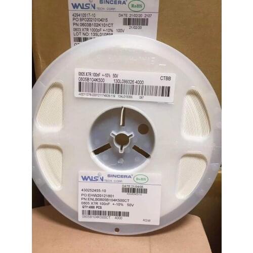 0805B104K500 SMD MLCC 0805 X7R 104K 2012 0.1UF 100NF 10% 50V chip capacitor, Professional component supplier, contact me for mor