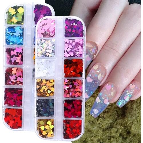 12 Grids 3D Love Heart Butterfly Flakes Nail Art Glitter DIY Laser Ultra Thin Sequins Holo Decor Decoration for Design Manicure