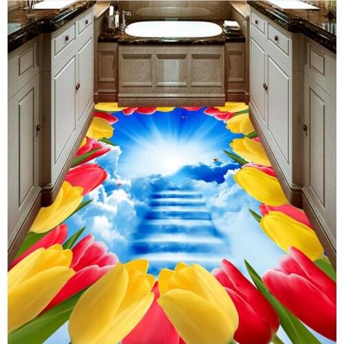 3d floor painting wallpaper Tulip cloud ladder cloud sky bathroom 3d floor pvc self-adhesive wallpaper 3d flooring
