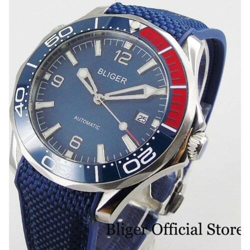 BLIGER Mechanical Men Watches Fashional Sapphire Glass Blue Dial 41mm Round Wristwatch Rubber Strap DG 2813 Movement