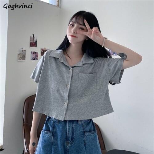 Blouses Shirts Women Turn-down Collar Solid Crop Top All-match Single-breasted Korean Style Leisure Streetwear Chic Womens Tops