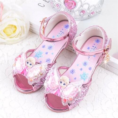 Disney Princess Kids Leather Sandals For Girls Frozen Elsa Glitter Crystal Children Flat Heel Girls Wedding Shoes For Party