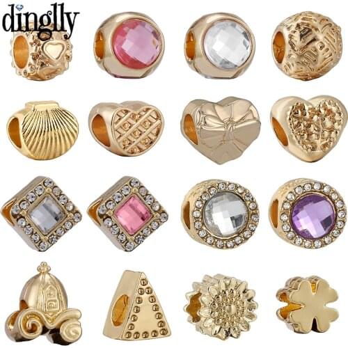 Dinglly New Golden Shell Heart Beaded Cake Charm Fit Diy Bracelets Original Round Crystal Beads Bangles Jewelry Accessory