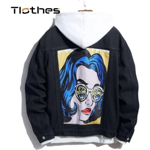 Spring Autumn Black Denim Jacket Mens Denim Shirt Men Long Sleeve Jeans Shirts Men Comics Avatar Pattern Jeans Jacket Mens