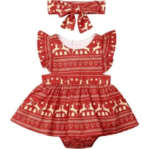 FOCUSNORM 2Pcs Christmas Toddler Baby Girl Romper Dress Headband 0-24M Ruffles Sleeve Deer Print Jumpsuits Outfit Clothes