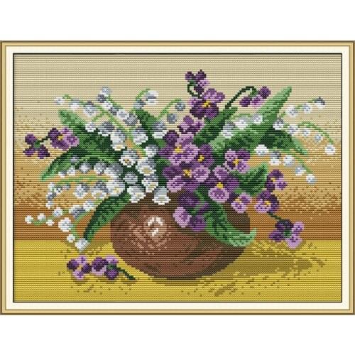 Joy Sunday New Cross Stitch Kit Lily Of The Valley Vase Needlework 11/14 CT DIY Handmade Embroidery Kit for Room Decor And Gift