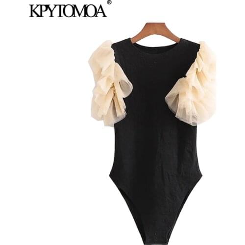 KPYTOMOA Women 2020 Sexy Fashion Patchwork Ribbed Knitted Bodysuits Vintage Tulle Sleeve Stretch Slim Female Playsuits Chic Tops