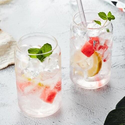 Ins Hot Can Shape Glass Fashion Water Milk Juice Cup Beer Glass 400ml 550ml and Straw Dessert Cup Shake Glass