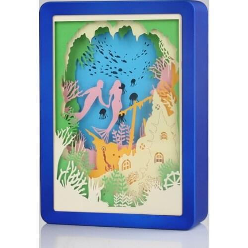 Lovers Sweet Dating Design Mermaid Style Paper Cut Shadow Box Light Kids Night Light 3D Paper Carving Shadow Painting