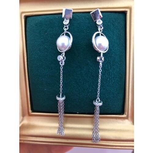 MJ114 Solid S925 Silver Round 9-10mm Nature Fresh Water White Pearls Drop Dangle Earrings for Women Fine Presents with Zircons