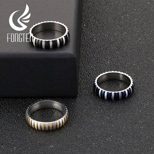 Fongten Retro Stripe Men Ring Stainless Steel Black Blue Yellow Minimalist Punk Mens Rings Fashion Jewelry