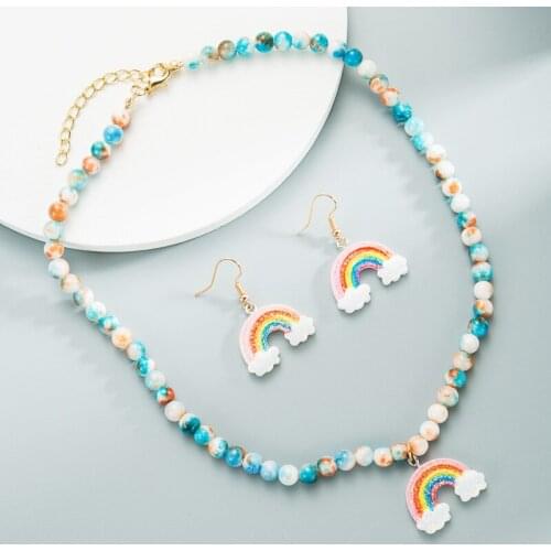 Fashion New Arrivals Handmade Beaded with Cute Resin Rainbow Charming Pendant Earrings Cute Girls Women Party Jewelry Set