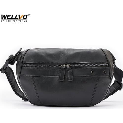 New Mens Leather Chest Bag Vintage Sling Bag Male Travel Large Capacity Shoulder Bag Black Anti Theft Pack Sac Homme XA204C
