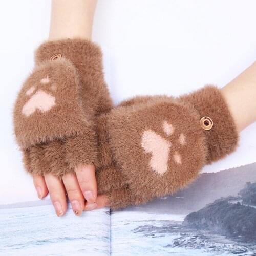 Winter Gloves Women Autumn Knitted Fluff Outdoor Flip Cover Mittens Girls Cute Cat Claw Fingerless Glove