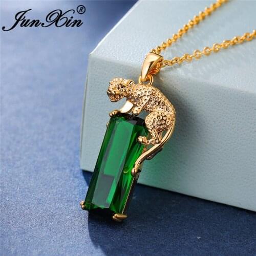 Domineering Animal Leopard Pendant Big Rectangle Stone Necklaces For Men Women Green Zircon Yellow Gold Link Chain Necklace Gift