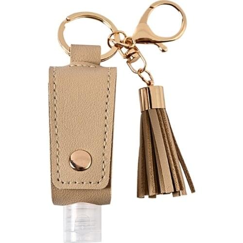H7JC 30ml Portable Empty Leakproof Plastic Travel Bottle for Hand Sanitizer with Tassels Leather Keychain Holder Carriers
