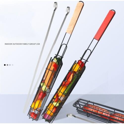Kabob Grilling Basket Reusable Durable Anti-corrosion Wooden Handle Barbecue Tool Grill Basket Grill Net For Co Worker Bbq P1