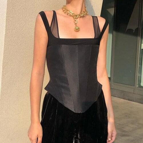 TIESOME Goth Vintage Velvet Mesh Patchwork Women Summer Tank Tops Sleevless Backless Bodycon Ladies Black White Streetwear