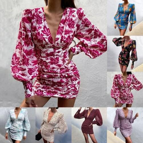 Womens Fashion Elegant Sexy Deep V-neck Print Long Lantern sleeve Slim Hip Dresses Spring Autumn Party Dress Vestidos De Festa
