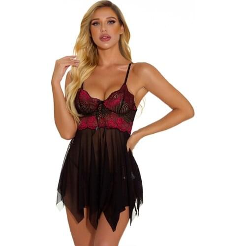 Women Lingerie Nightdress Sling Deep-v Lace Floral Print Mesh Transparent Sexy Dress Thong Erotic Intimate Mujer Sleepwear