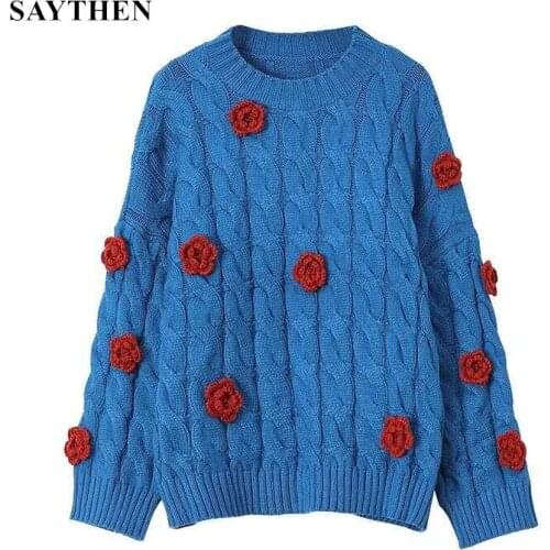 SAYTHEN Winter Round Collar Long Sleeve Rose Embroidery Knitted Pullover Pure Color Lazy Wind Loose Casual Womens Sweater