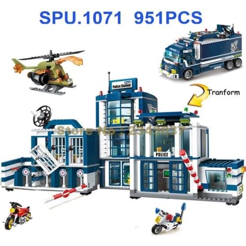1918 951pcs 2in1 Police Station Headquarters Helicopter Urban Truck Motorcycle 7 Dolls Building Block Toy