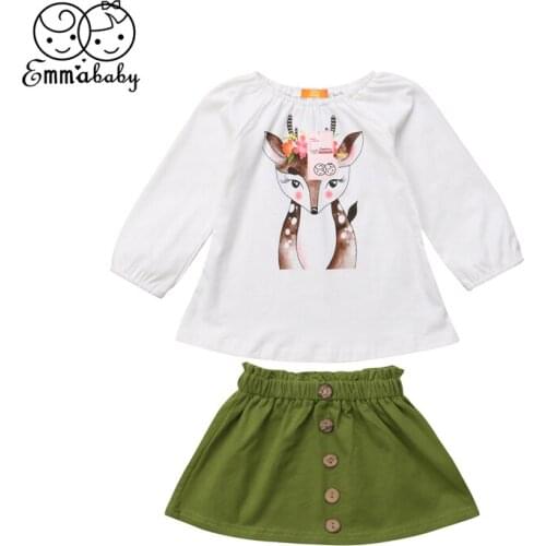 Toddler Kid Infant Baby Girl Clothes Set 2Pcs Xmas Deer Long Sleeve Top T-Shirt Button Skirt Party Autumn WinterOutfit 6M-5T