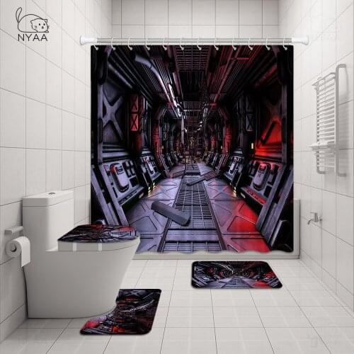 3D Render Futuristic Corridor Interior Bathroom Shower Curtain Set Waterproof Anti Slip Pedestal Rug Lid Toilet Cover Bath Mat