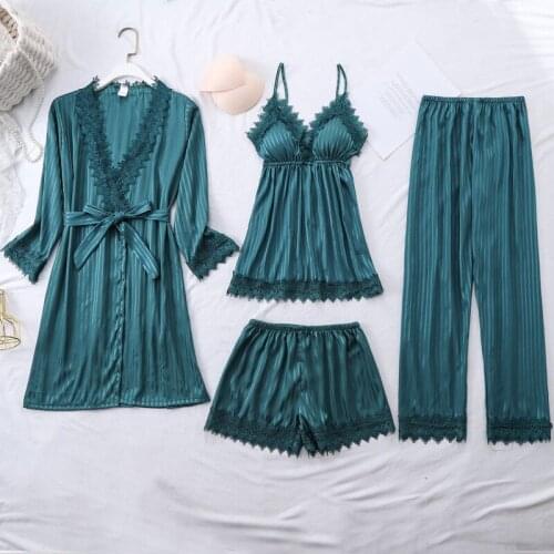 Women Satin 4PCS Sleepwear Green Striped Pajamas Set Sexy Lace Sleep Set Femme V-neck Kimono Gown Casual Pijamas Suit