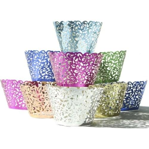 50pcs Glitter/Pearl Paper Hollow Cupcake Wrappers Wedding Birthday Party Cake Decoration Baby Shower Muffin Cupcake Cups Cases
