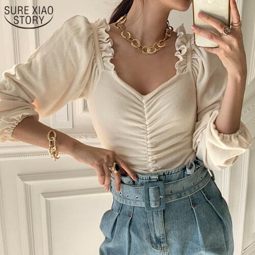 Elegant Cotton Blouse Women Ruffles Tops Spring 2021 New Square Collar Blouse Pleated Shirts Puff Sleeve Lady Chic Blouses 12904