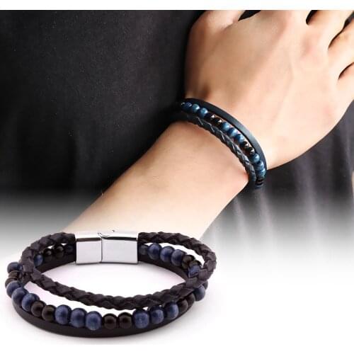 Tesbihane Mesh Design Kuka Embroidered 3 Row Black-Dark Blue Steel-Leather Kombinli Bracelet