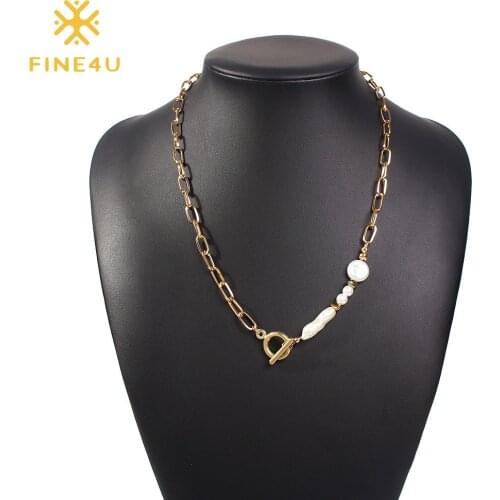 FINE4U N765 OT Toggle Satellite Chain Choker for Women Minimalist Imitation Pearl Choker Necklace