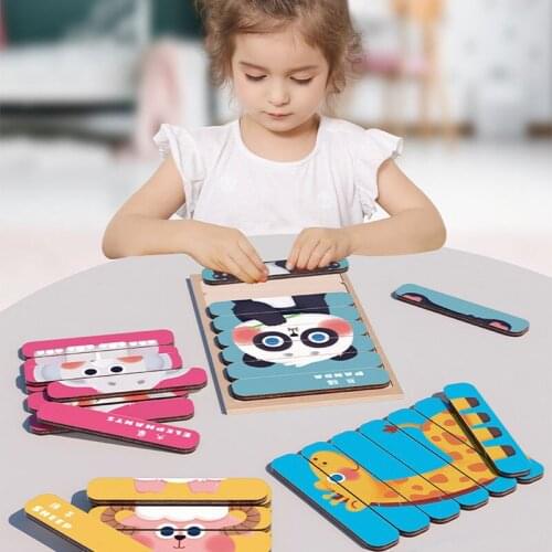 Kids Animal 3D Wooden Puzzle Double-sided Strip Puzzle Telling Story Stacking Jigsaw Educational Toy for Children