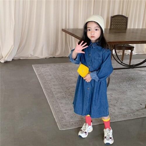 Girls' Korean Style Long-Sleeved Denim Dress 2021 Autumn New Childrens Clothing Baby Thin Dress Fashionable Shirt Dress