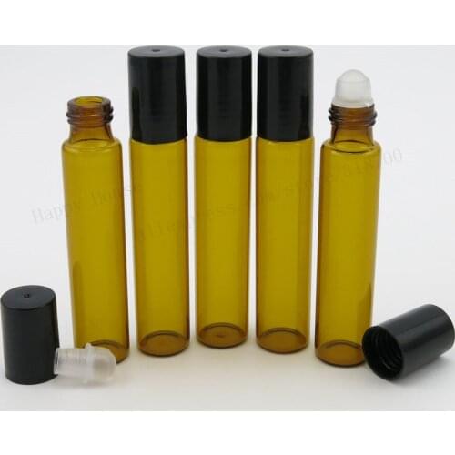 Hot Sale 30pcs/lot 10ml Amber Glass Roll On Bottle 10cc Perfume Roll-on Bottle with black plastic lids&Glass Roller Ball