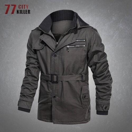 Military Cargo Double Collar Jacket Men Thick Warm Washed Cotton Overcoats Male New Commute Slim Waistband Clothes Mens Jackets